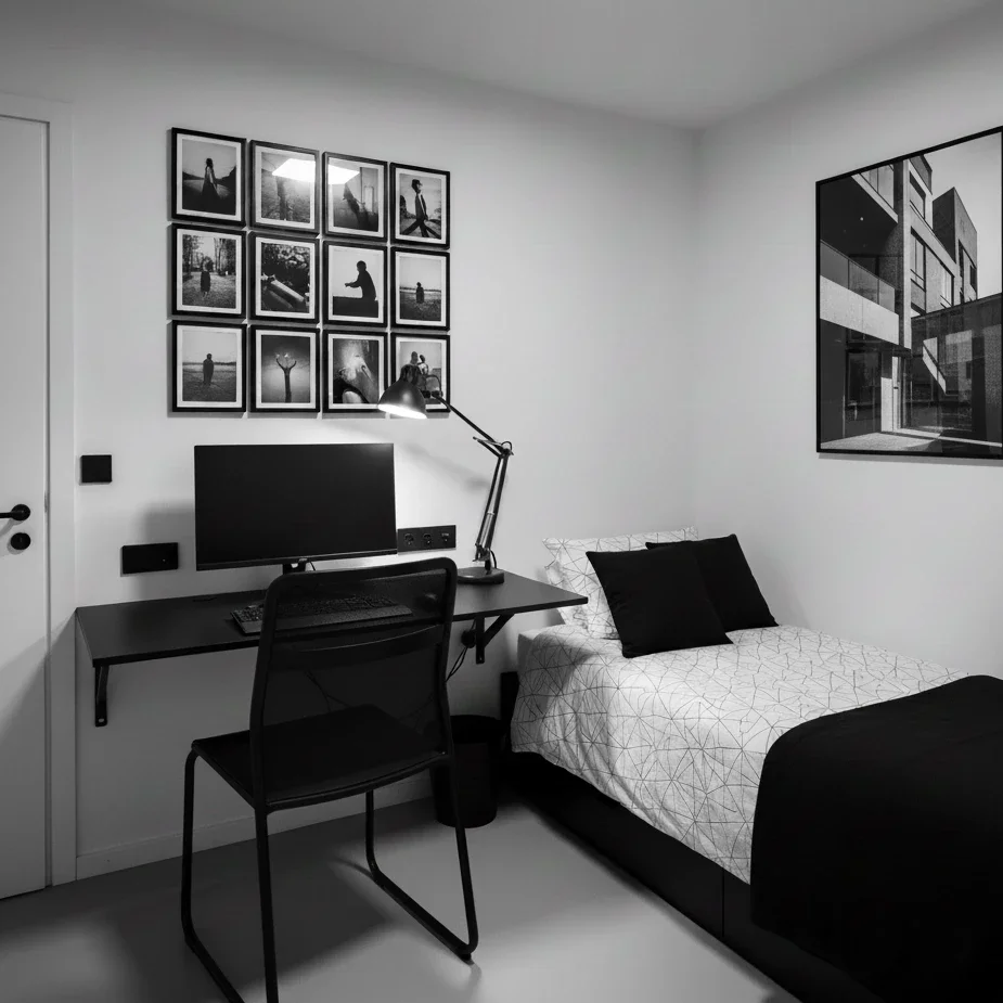 Monochrome bedroom with desk setup and black-and-white photo grid