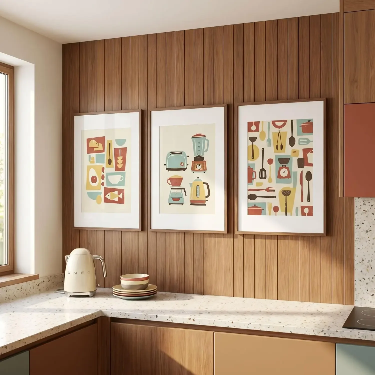 Mid-century modern kitchen art prints on wall