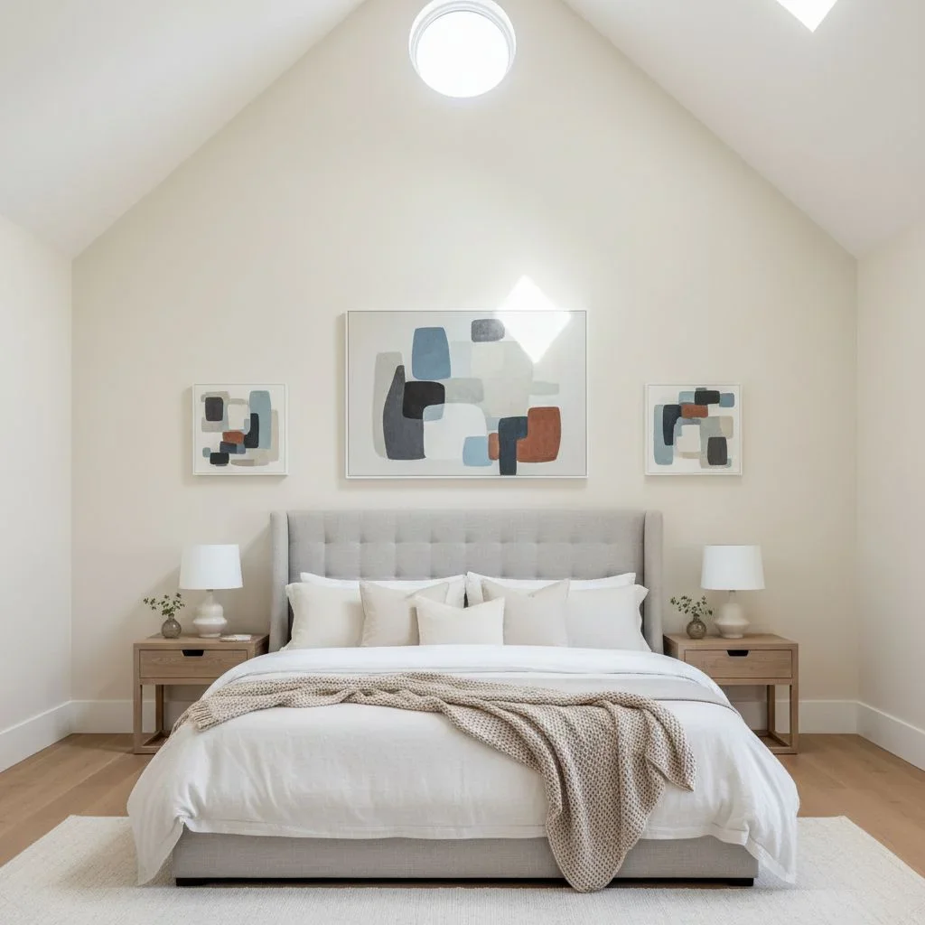 Vaulted bedroom with calm symmetrical wall art