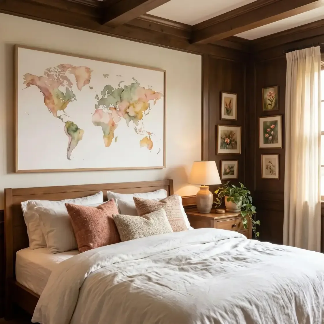Watercolor world map framed above bedroom bed