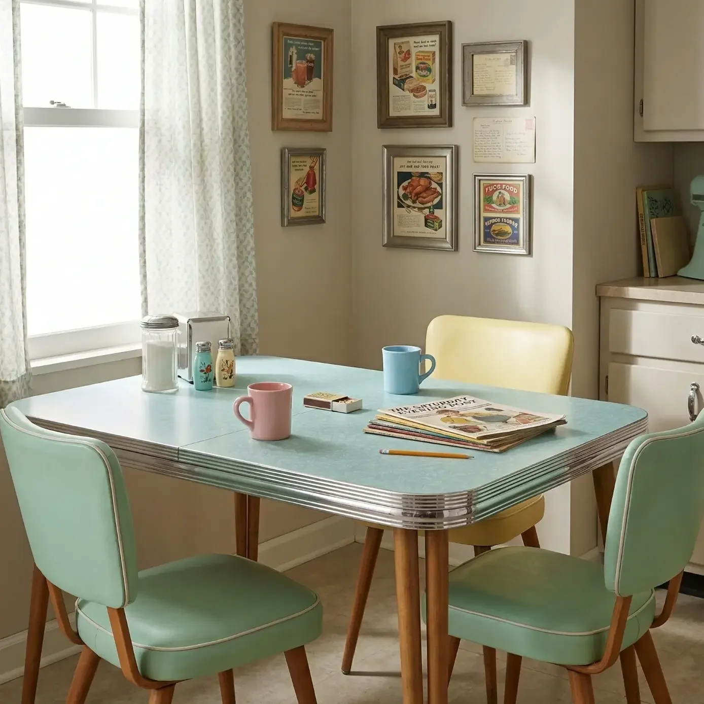 Retro kitchen dinette with aqua table and vintage wall art