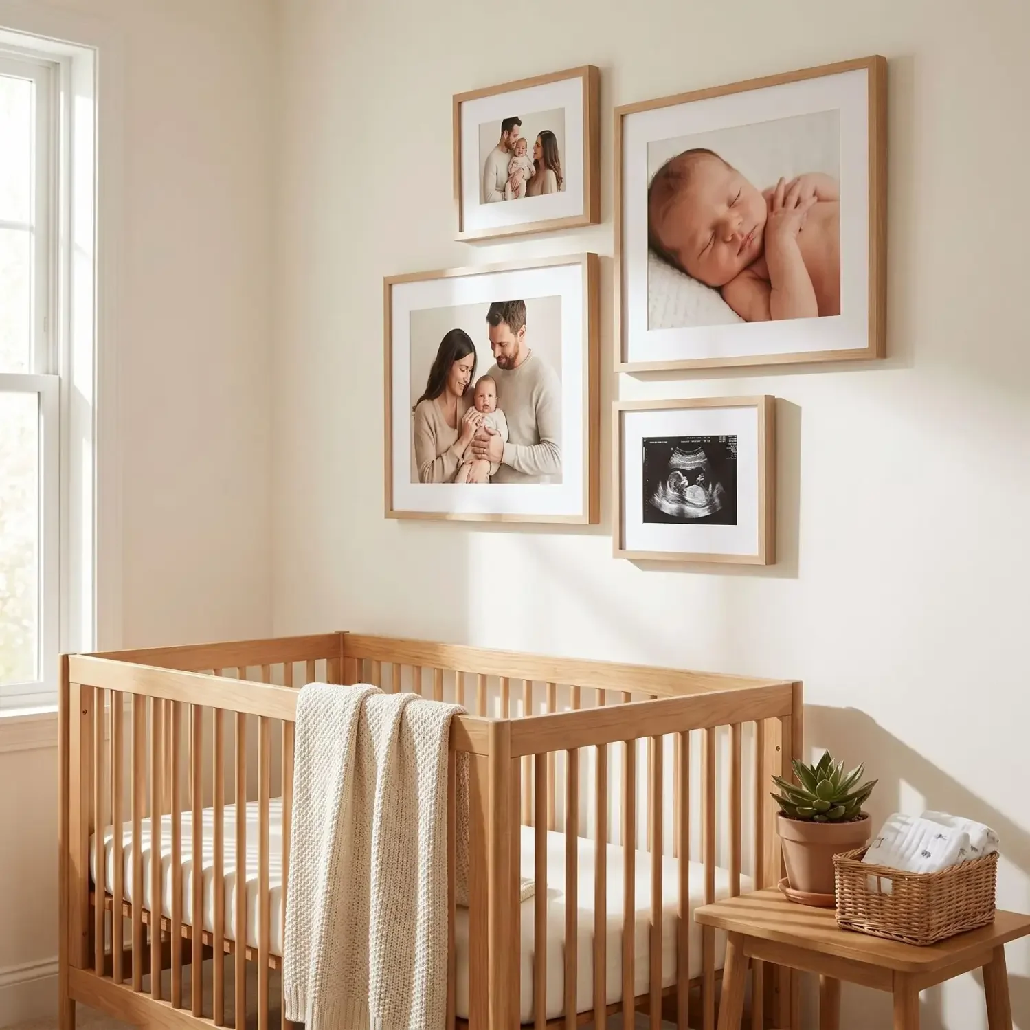Personalized family framed photos on nursery wall
