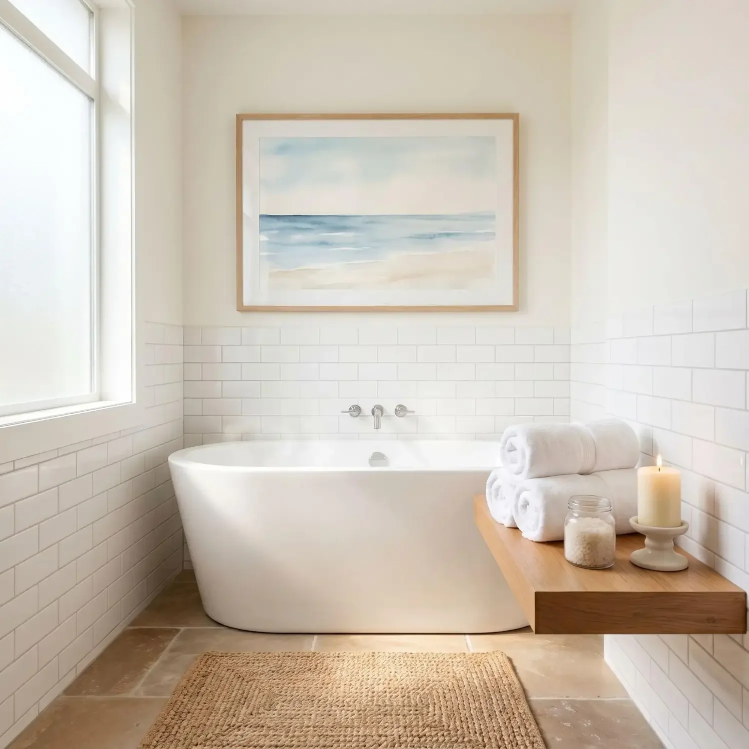 Watercolor seascape print in spa bathroom