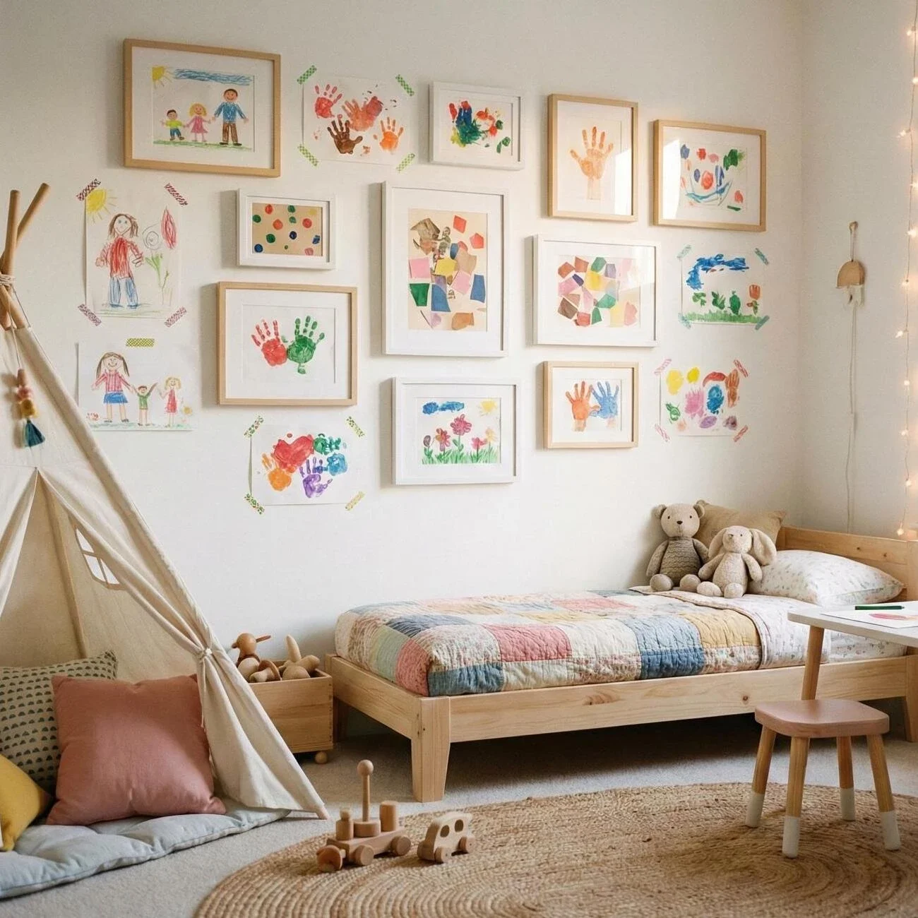 Playful child’s bedroom decorated with art and toys