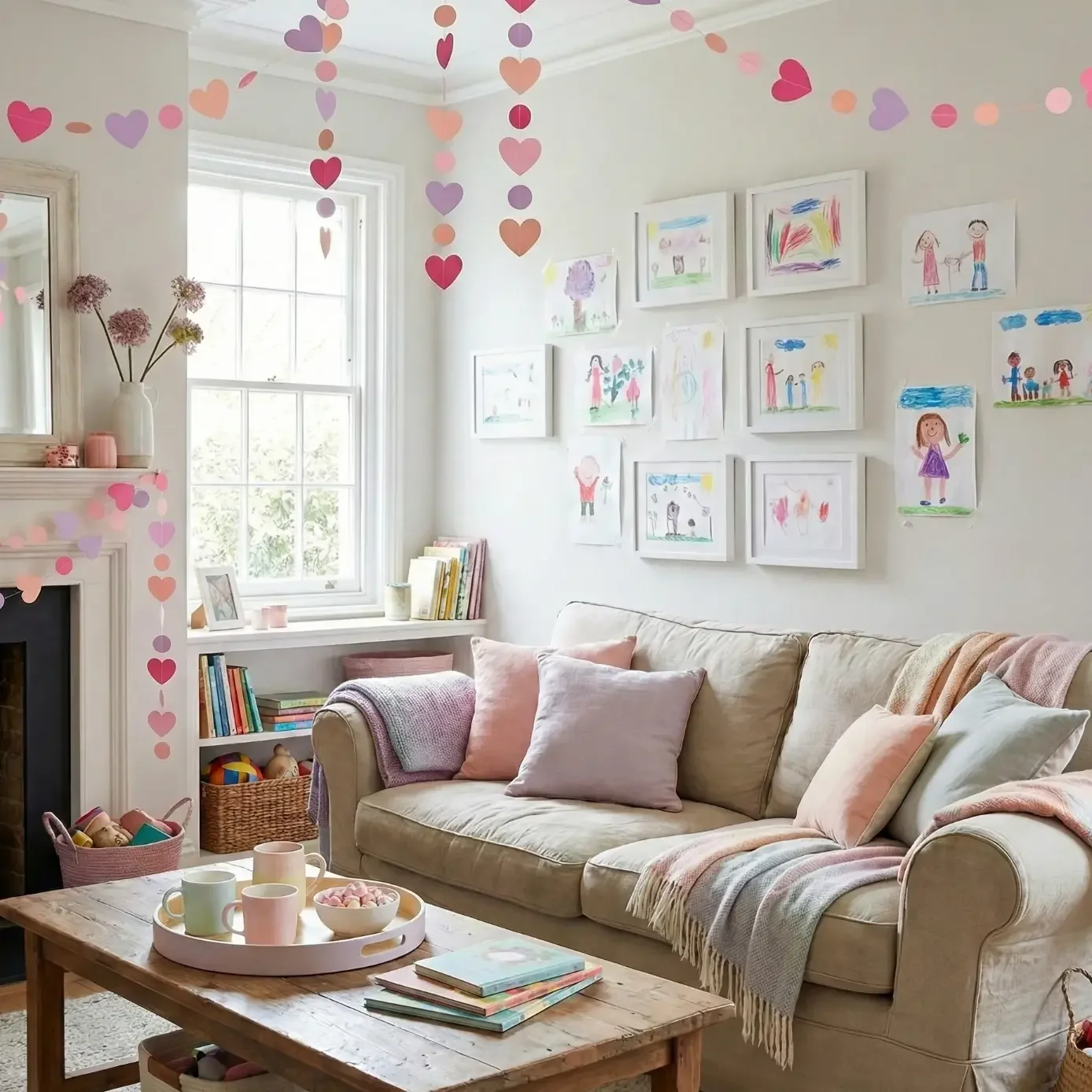 Family living room with heart garlands and kid's artwork wall