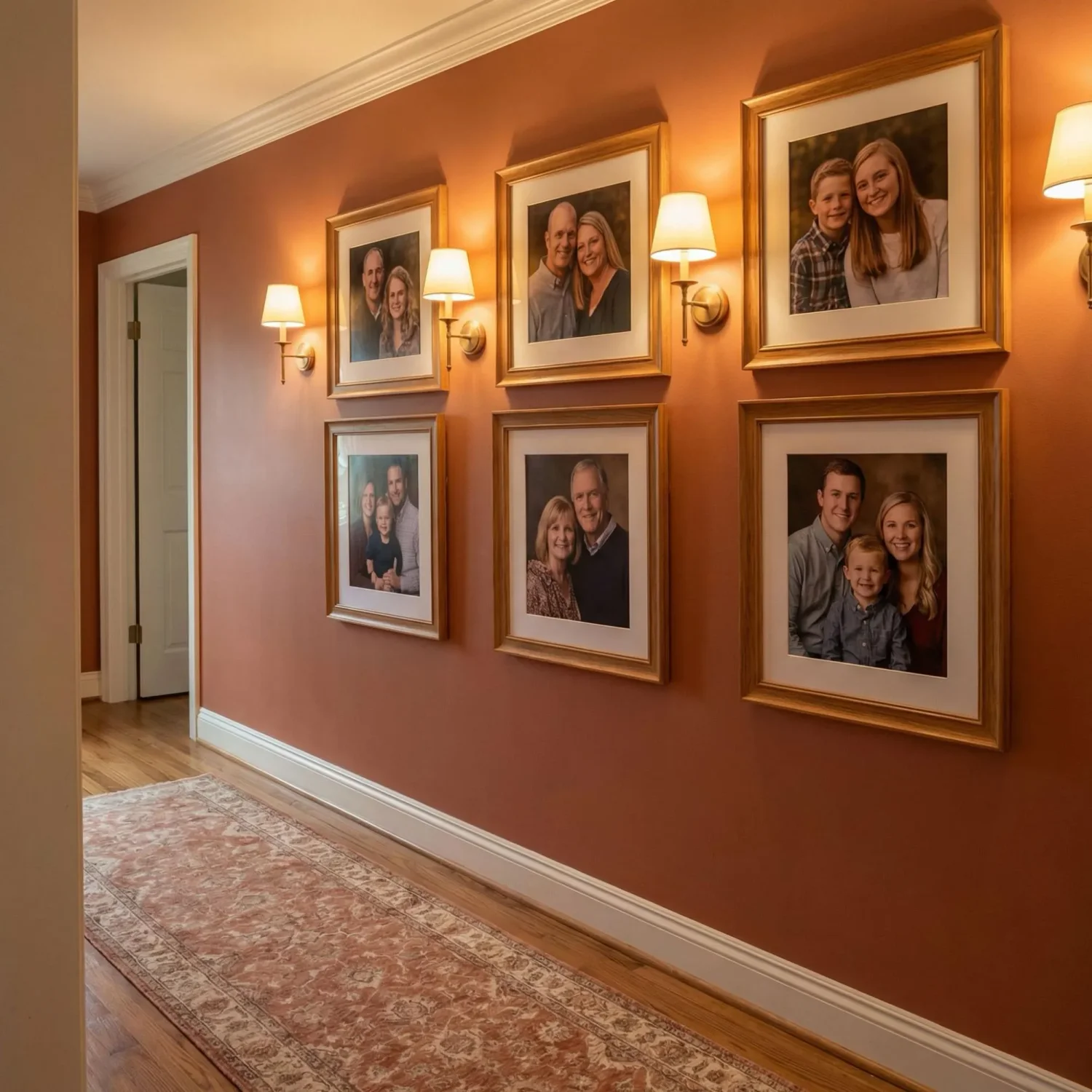 Traditional hallway with family portrait grid on warm wall