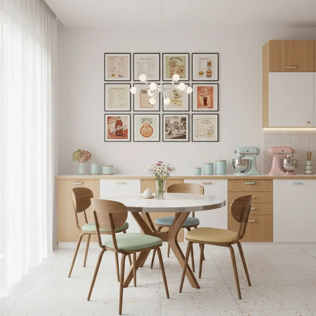 Retro kitchen with pastel accents and Mixtiles wall art