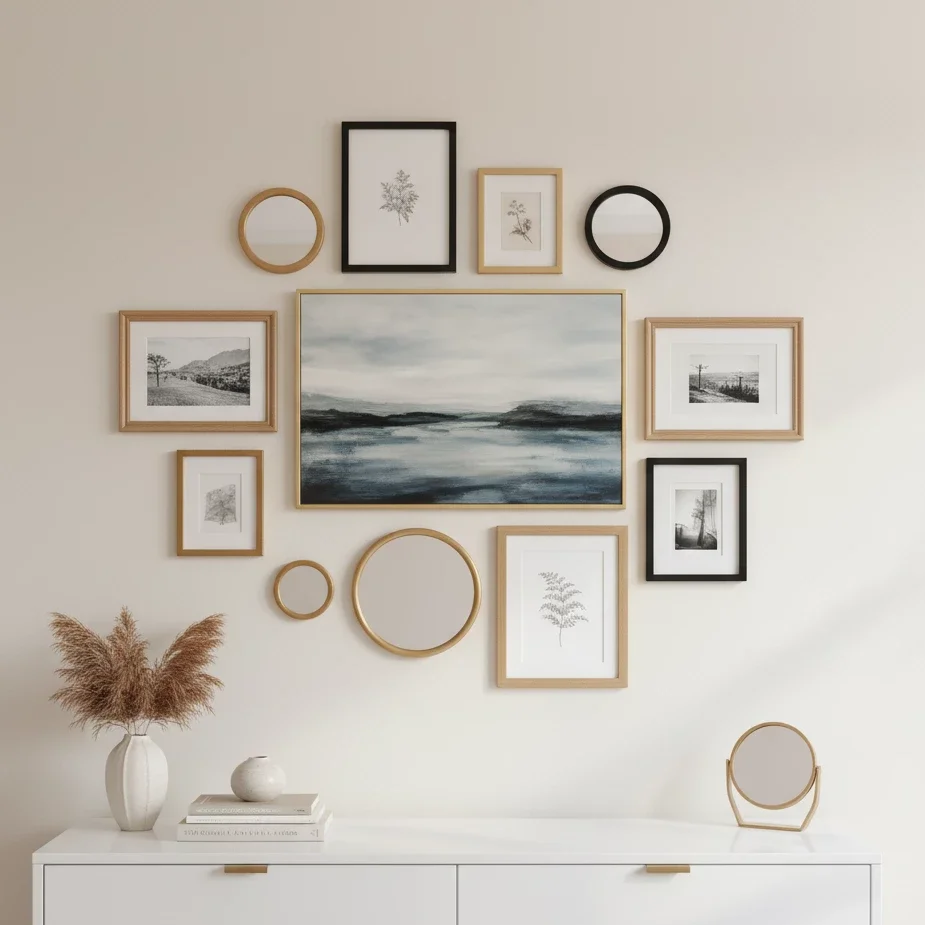 gold and black frames with mirrors arranged over white dresser
