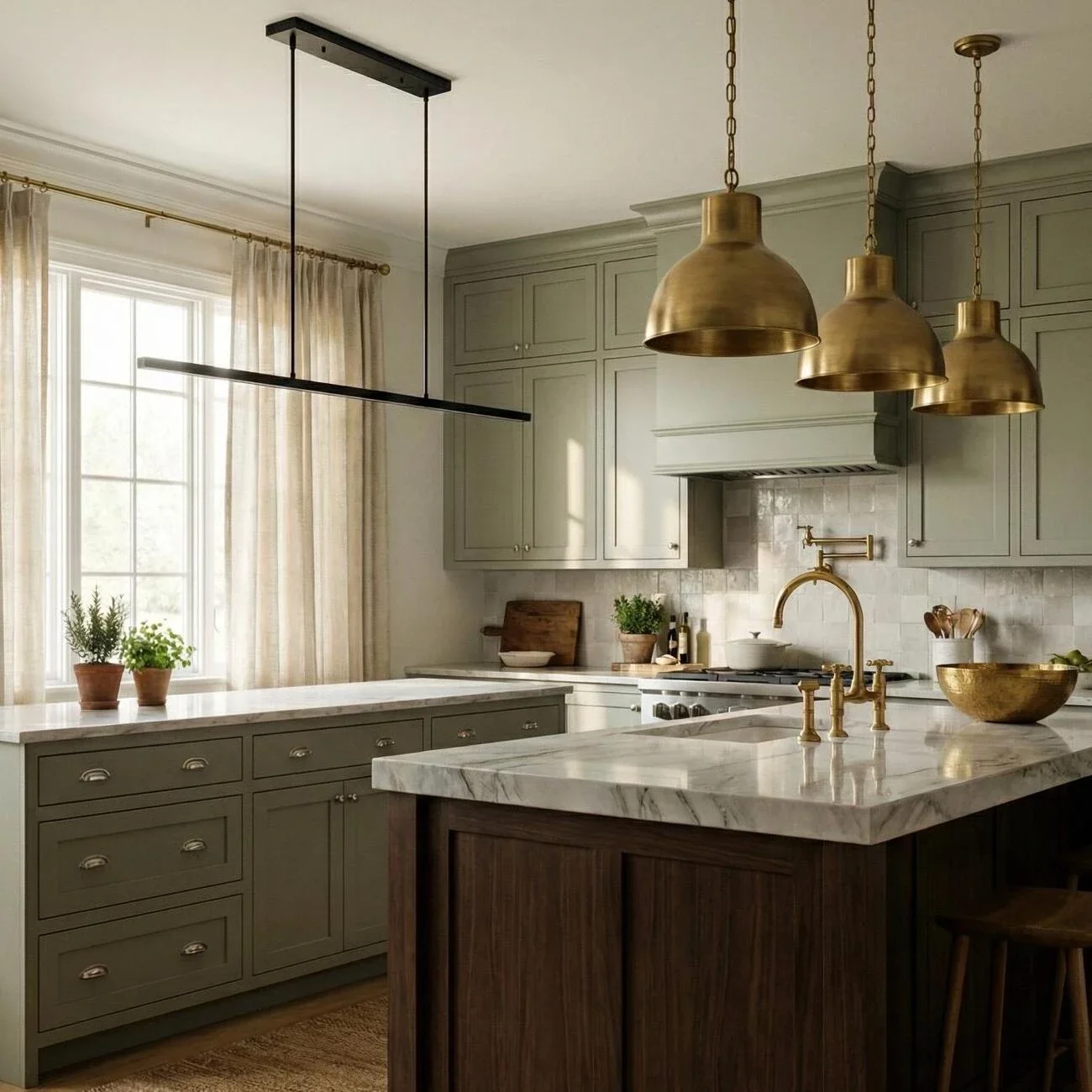 Elegant kitchen with marble counters, sage cabinets, and brass lights