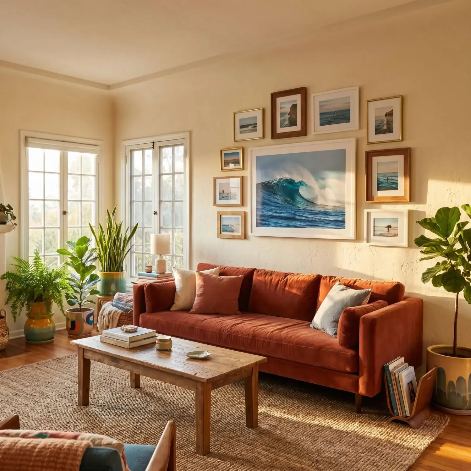Living room gallery wall with ocean wave art prints