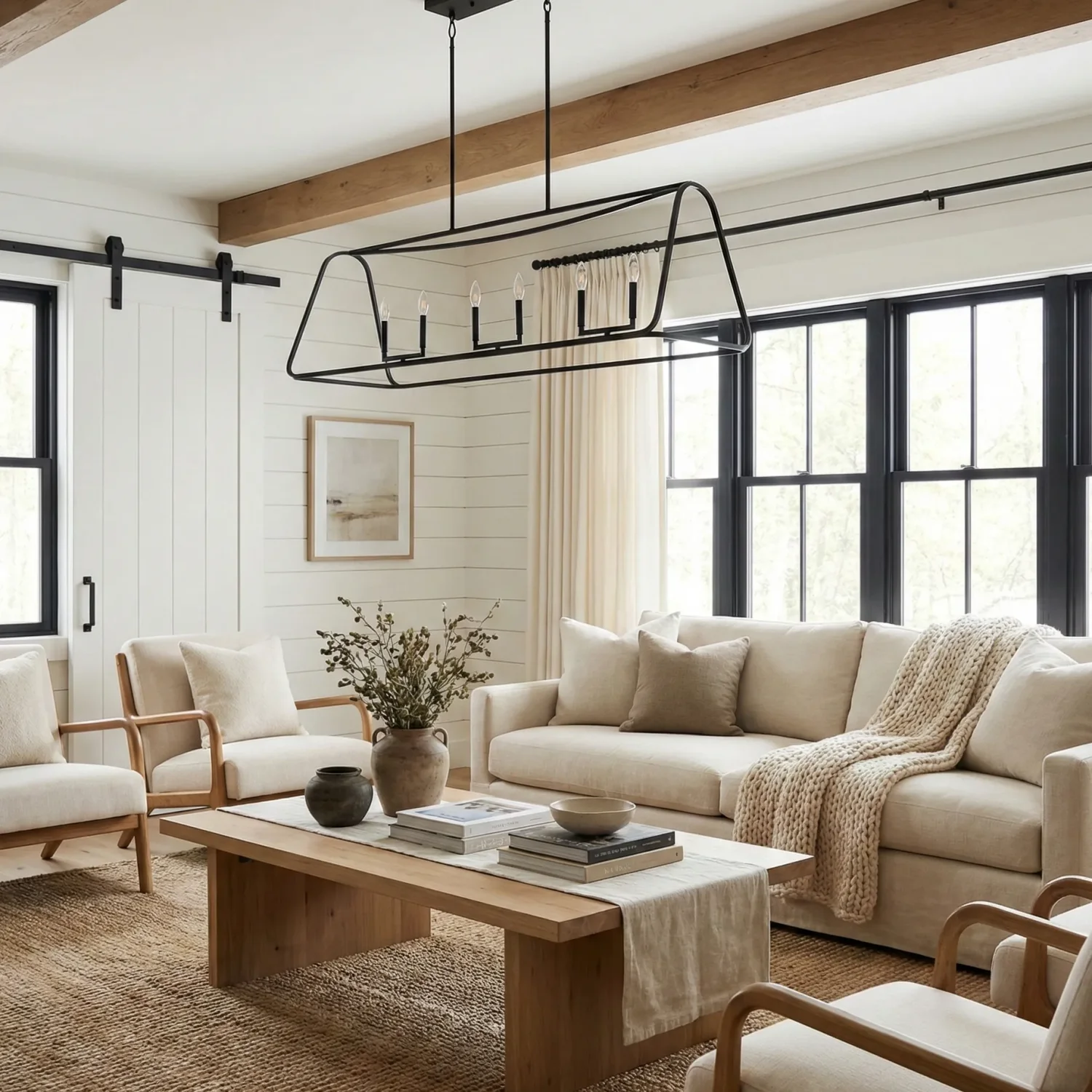 Bright modern farmhouse living room with neutral seating.