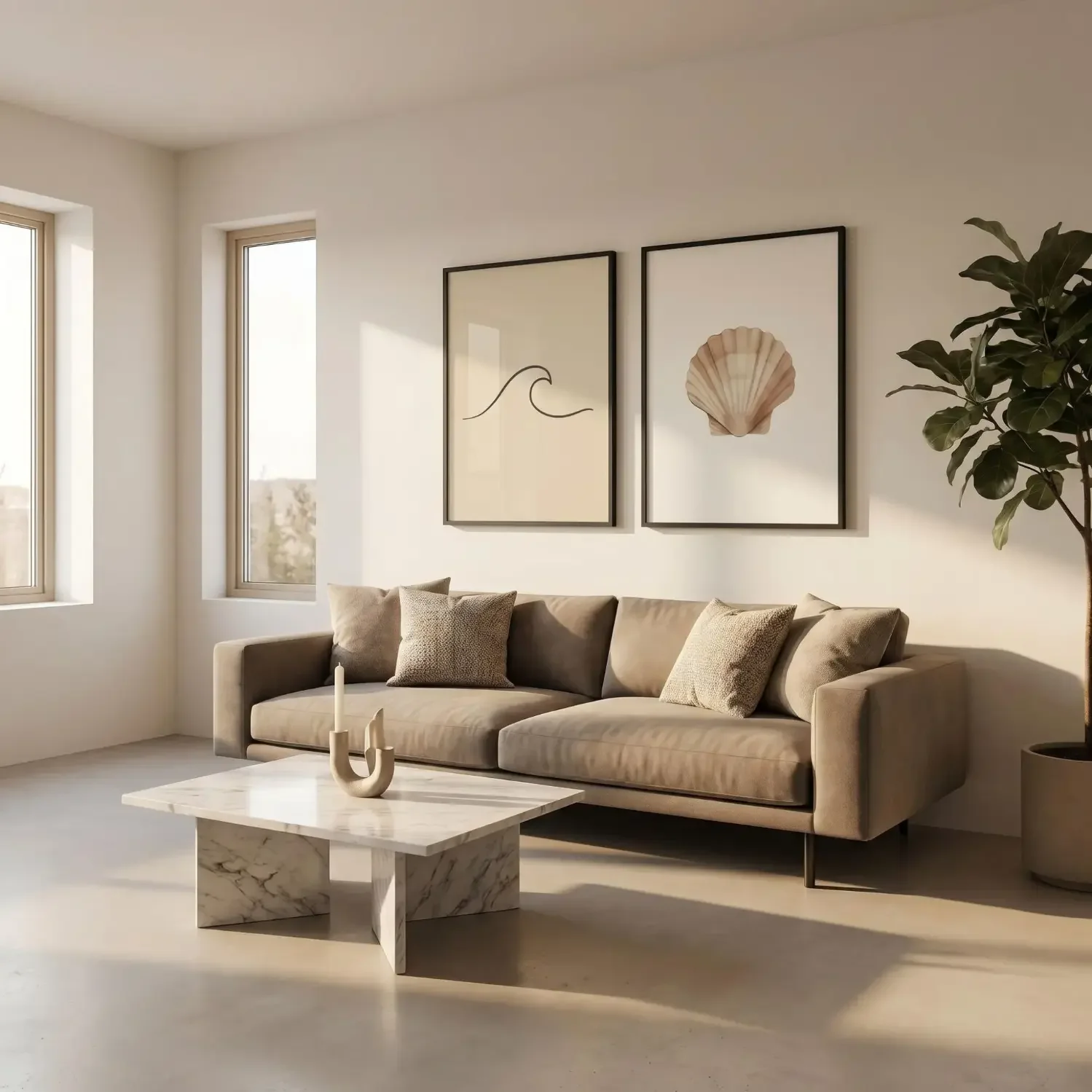 Minimalist coastal framed photos in modern living room