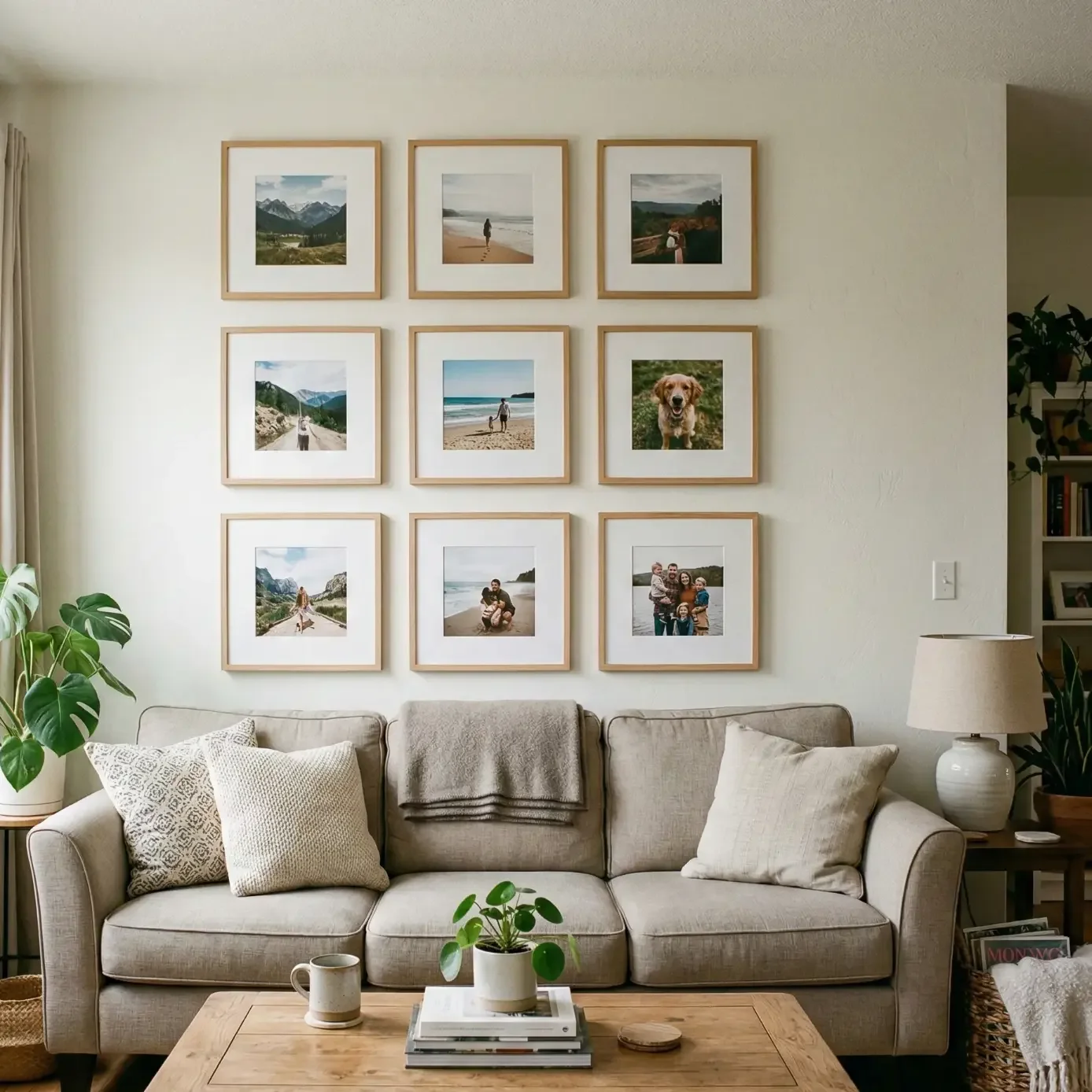 Cozy living room with gray sofa and framed photo gallery wall