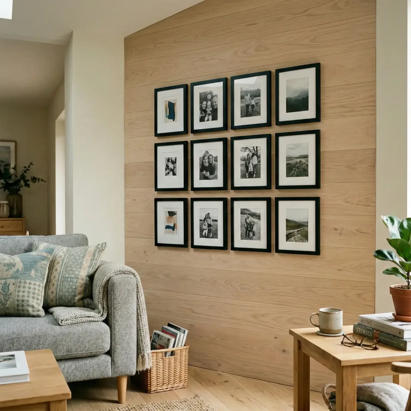 Wood accent wall with grid of framed photos in living room