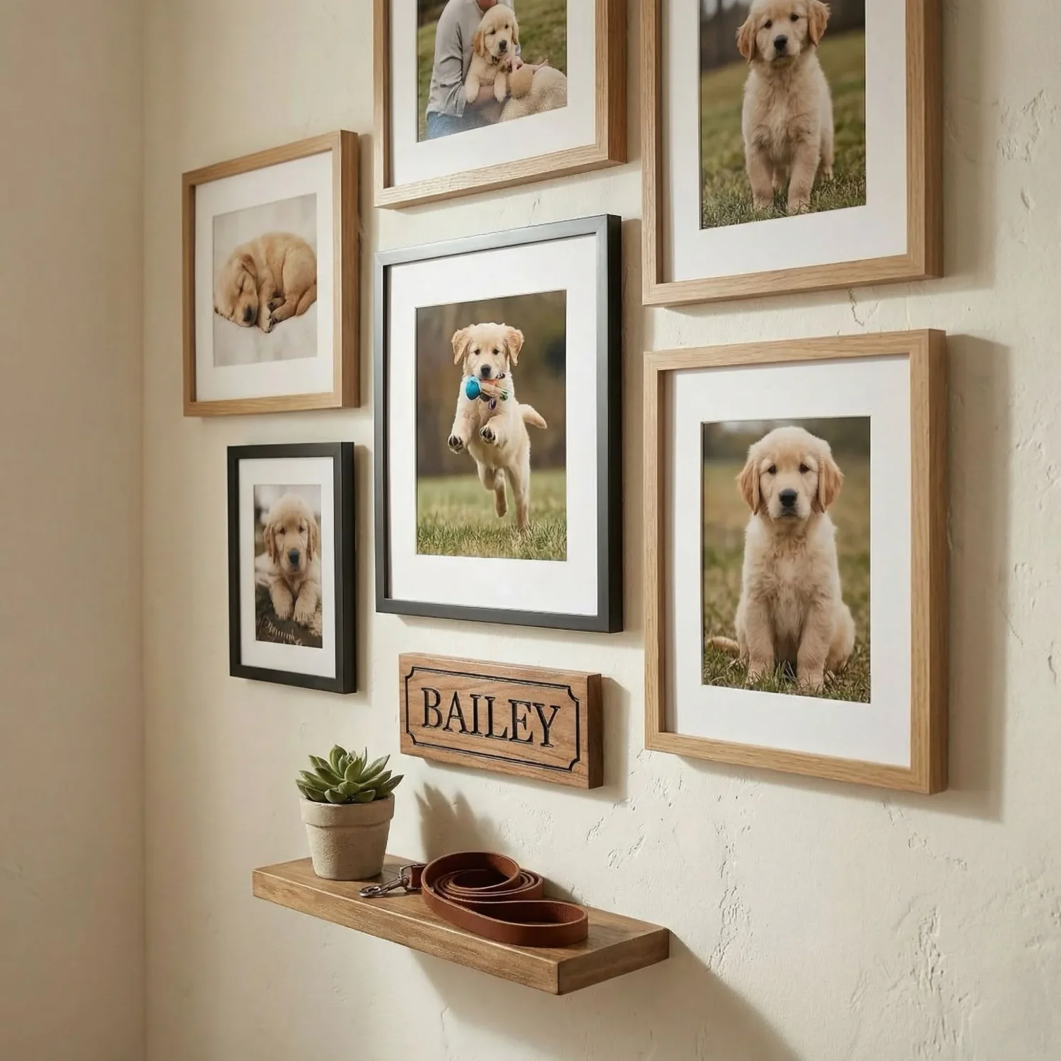 Puppy framed photos gallery wall in warm home