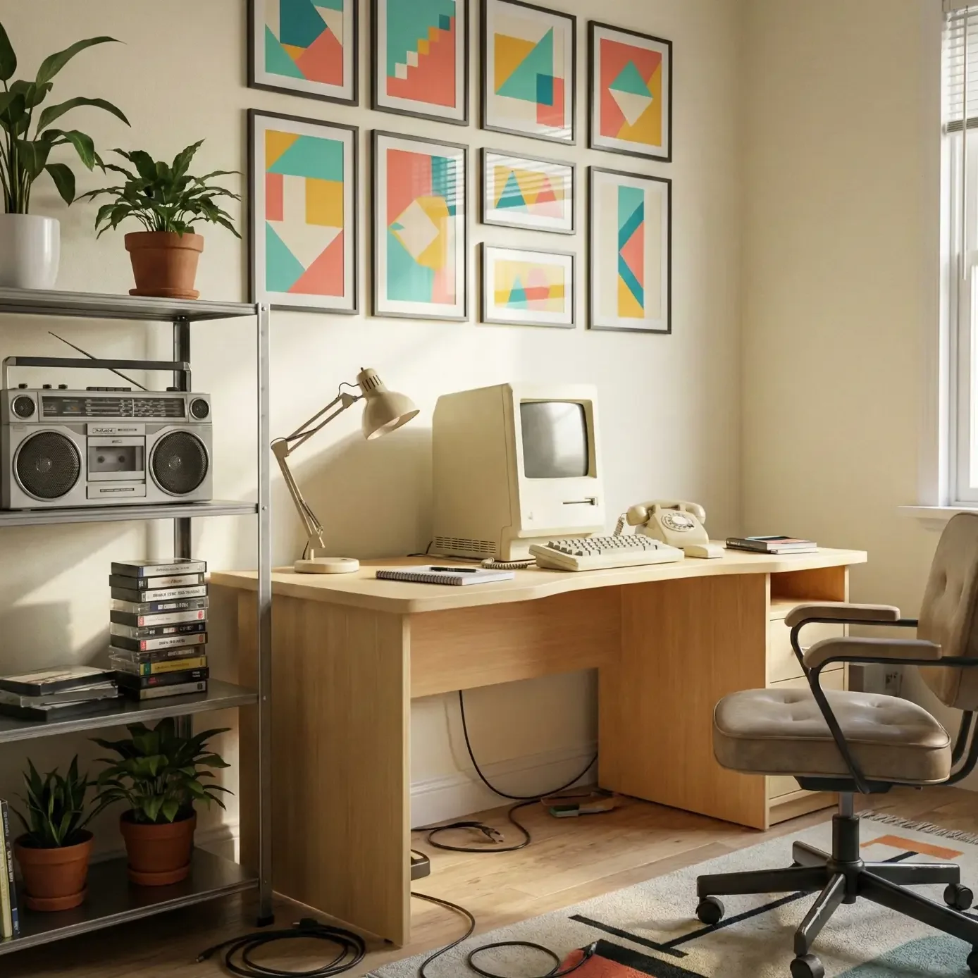 Retro home office with vintage computer and colorful wall art