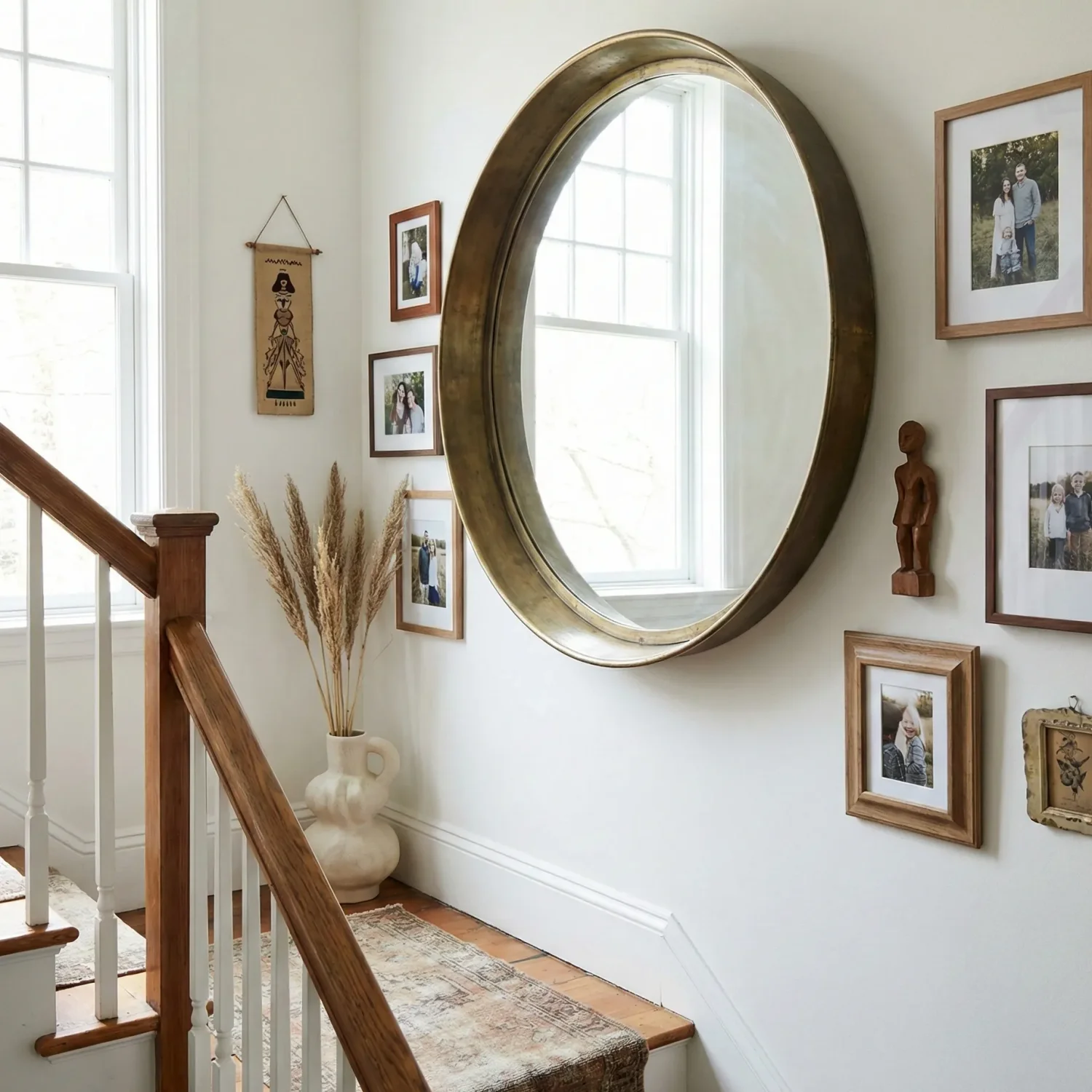 Stair landing with oversized round mirror and framed family photos