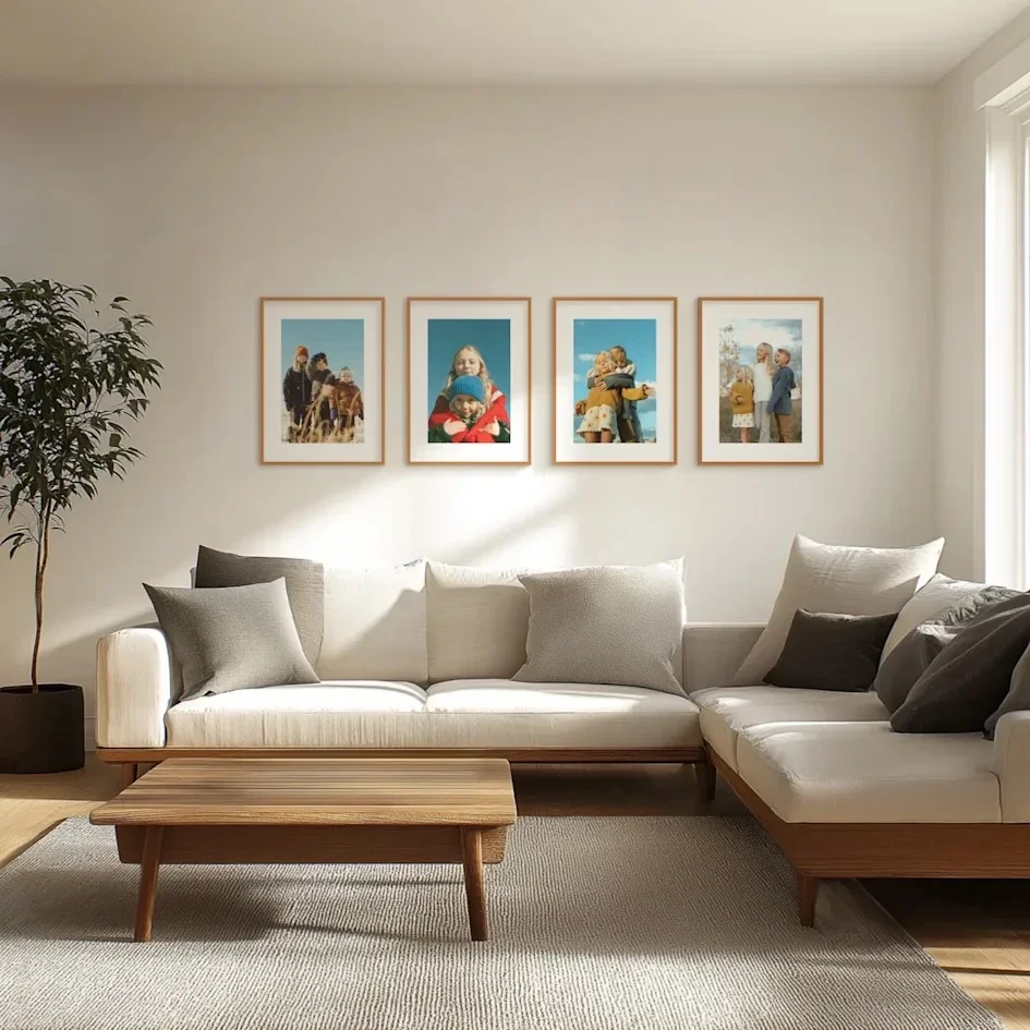 Minimal living room with framed family photos above sofa