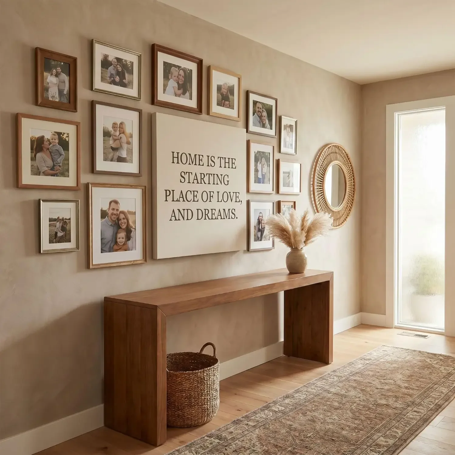 Entryway gallery wall with welcome quote sign