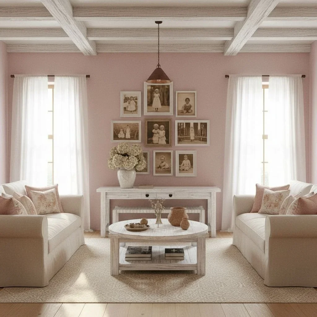 Shabby chic living area with pink accents and frames on wall