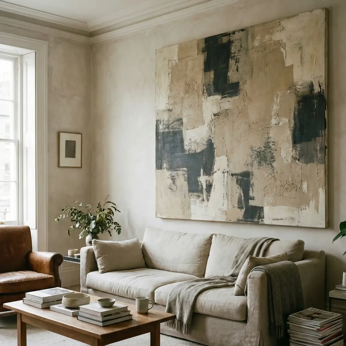 Neutral living room with linen sofa and oversized abstract art.