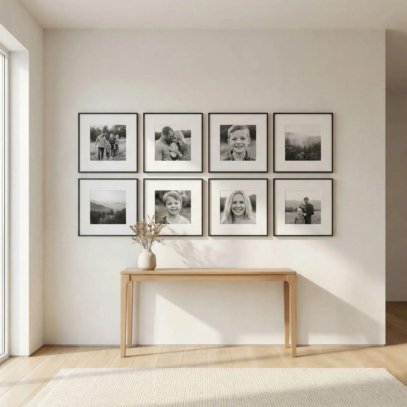 Modern minimal grid of framed family photos on wall