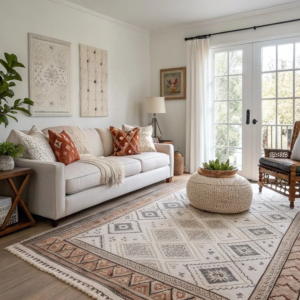 Eclectic space with bold patterns balanced by neutral solids, including a plain throw and unpatterned rug that create visual rest between busier elements.