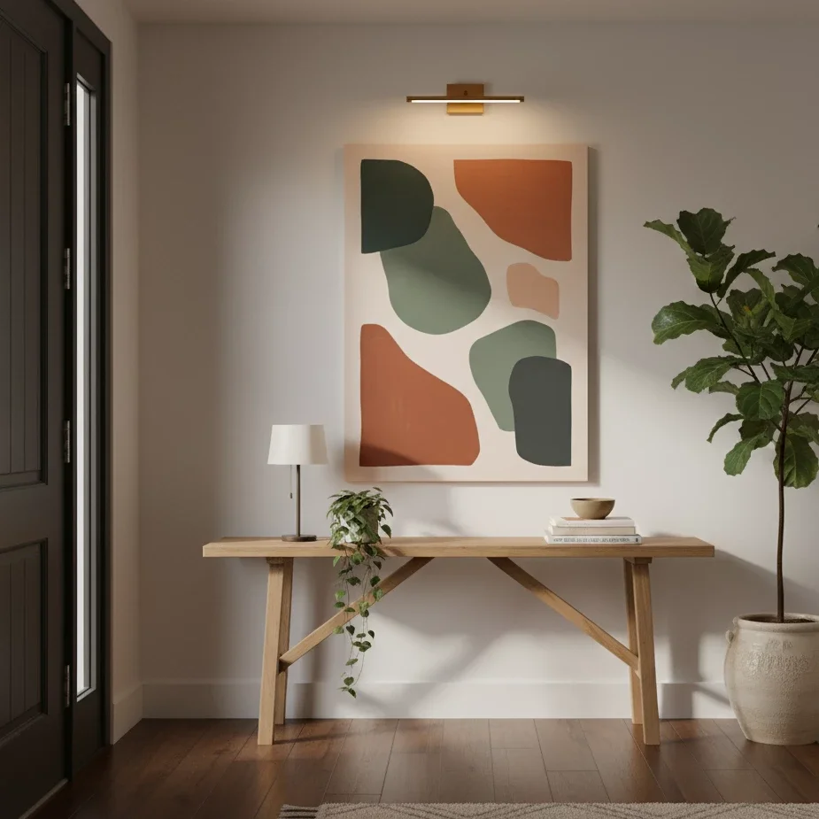 Entryway with wood console and large abstract canvas