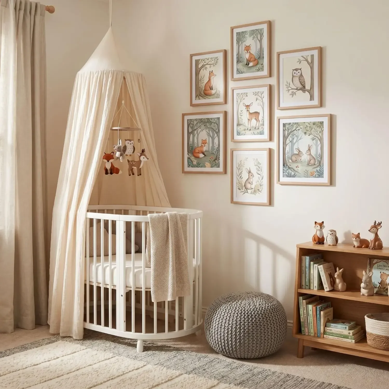 Woodland themed framed pictures in a nursery corner