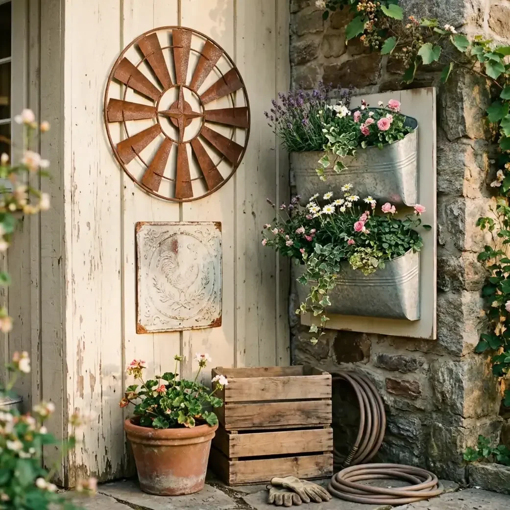 Rustic cottage wall with metal windmill decor and flower planters