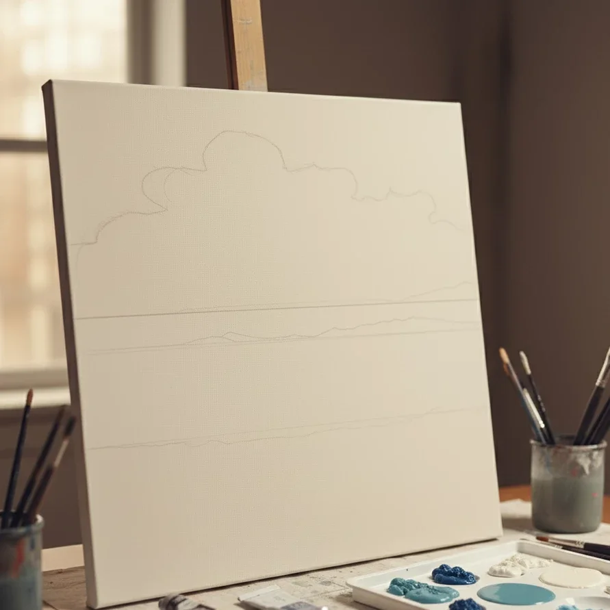 blank canvas with seascape sketch on easel