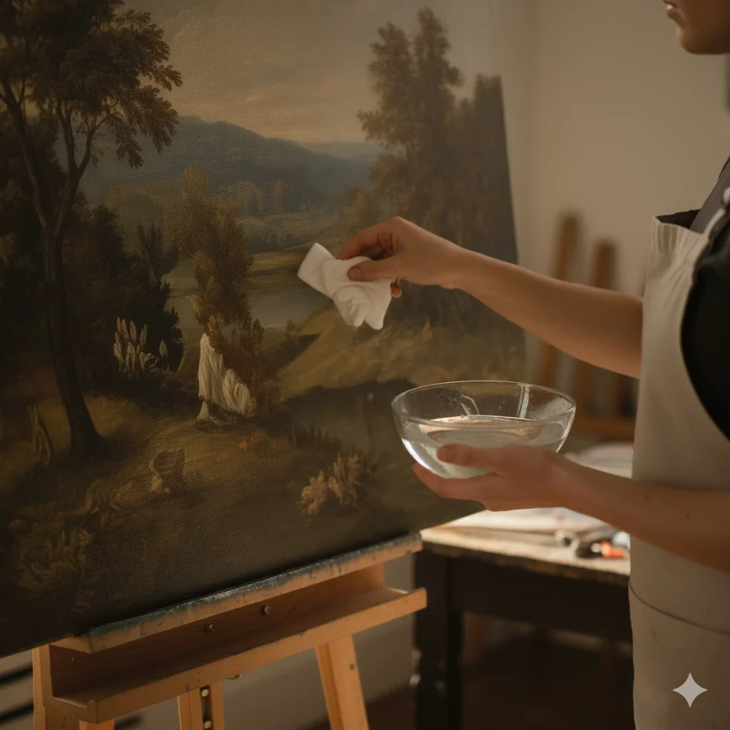 cleaning landscape canvas with cloth and water bowl