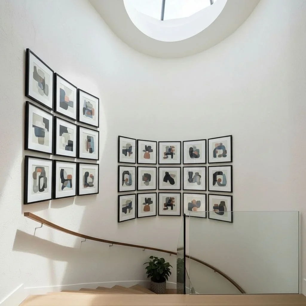 Staircase with staggered gallery wall decor
