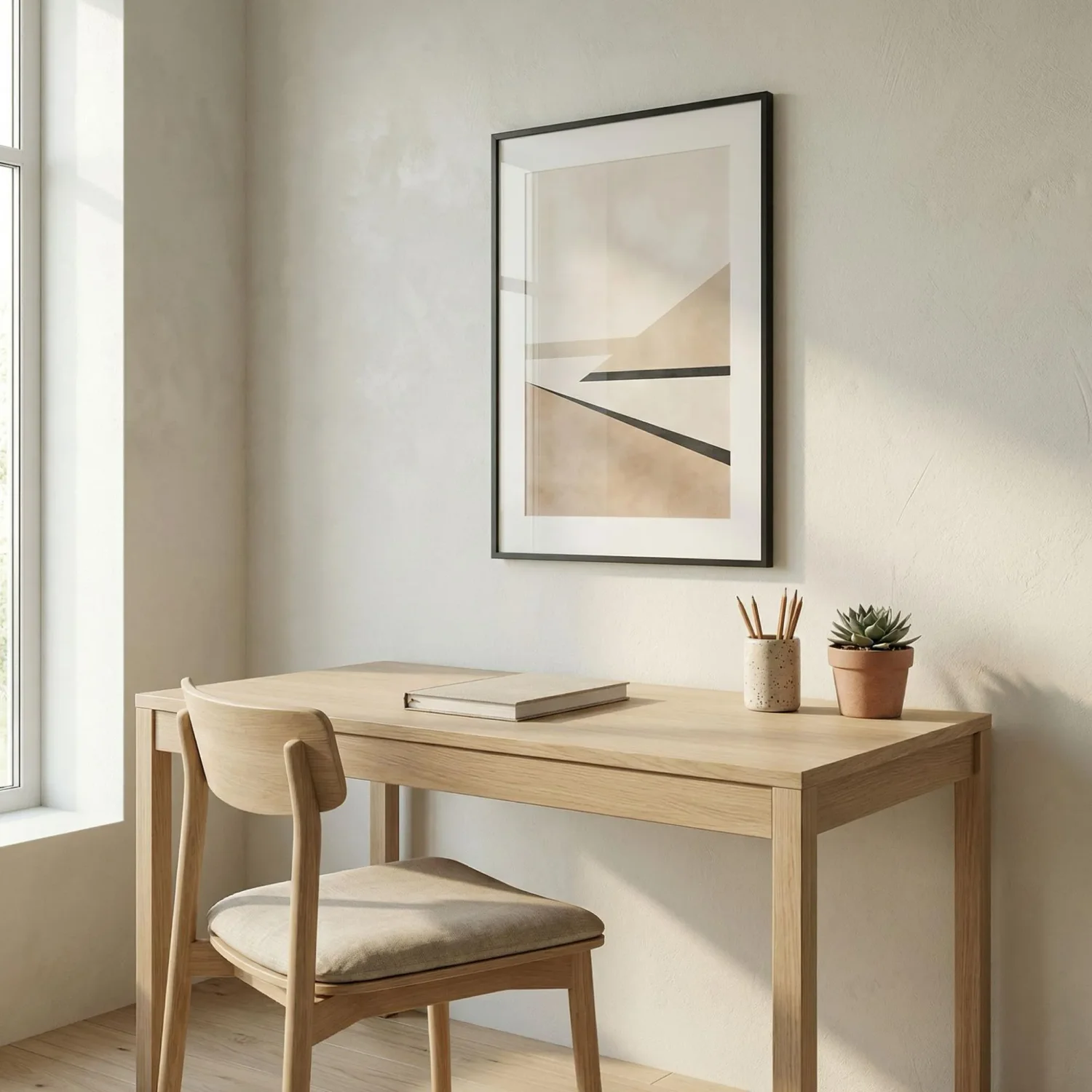 Japandi home office with minimalist framed picture on wall