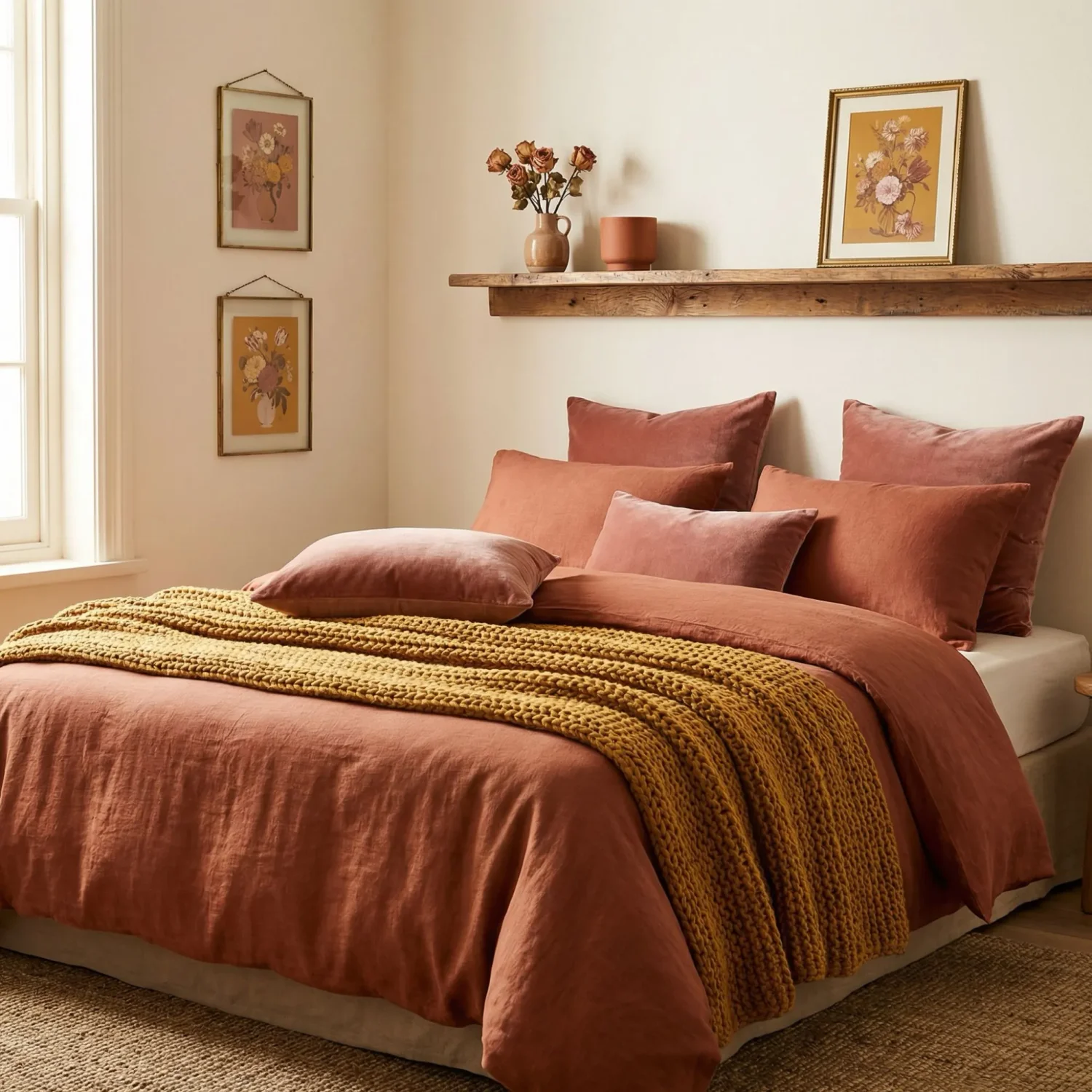 Warm vintage bedroom in mustard terracotta and rose