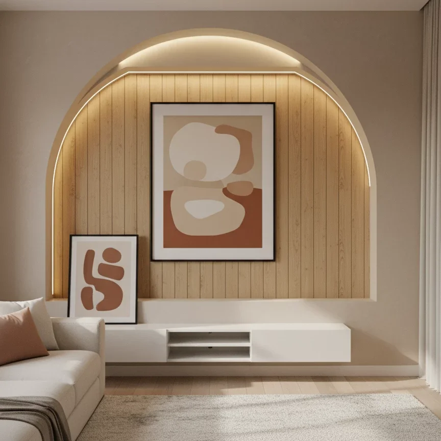 Arched wood niche with abstract art above white media console