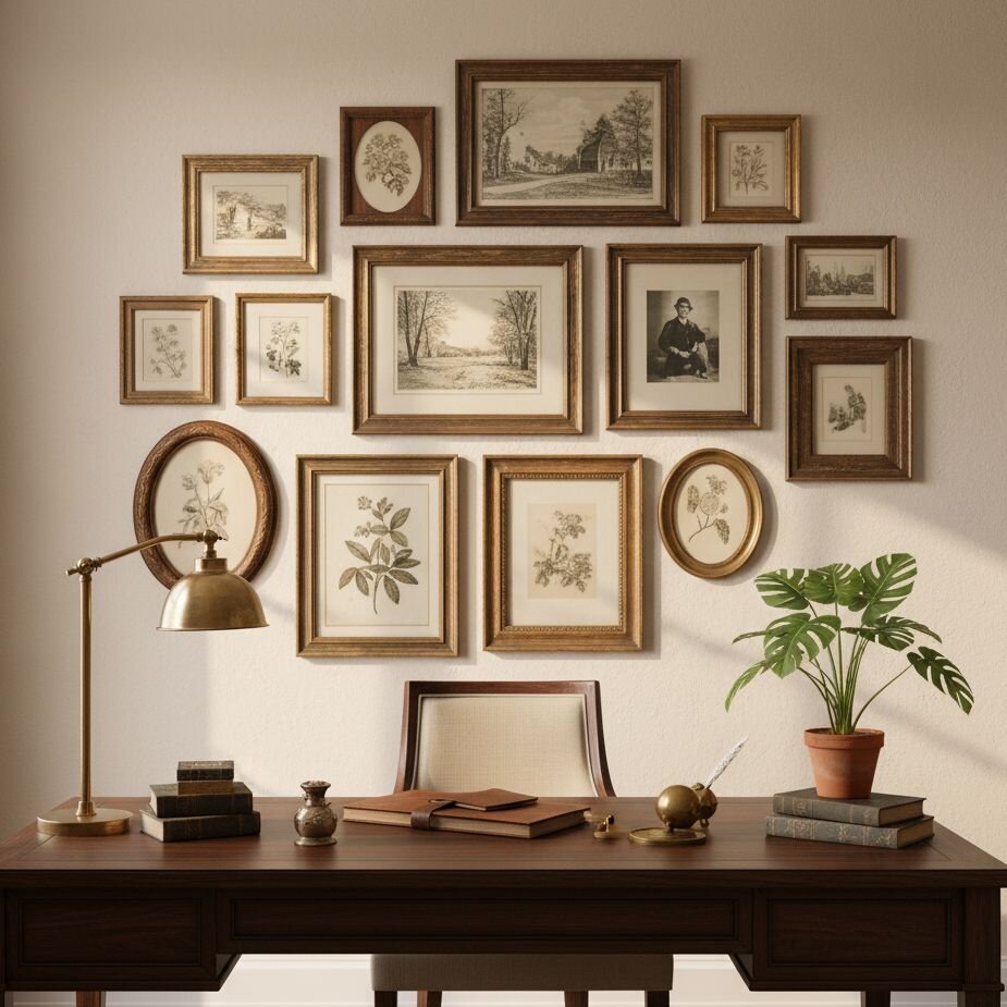 Vintage-inspired study with gallery wall above wood desk
