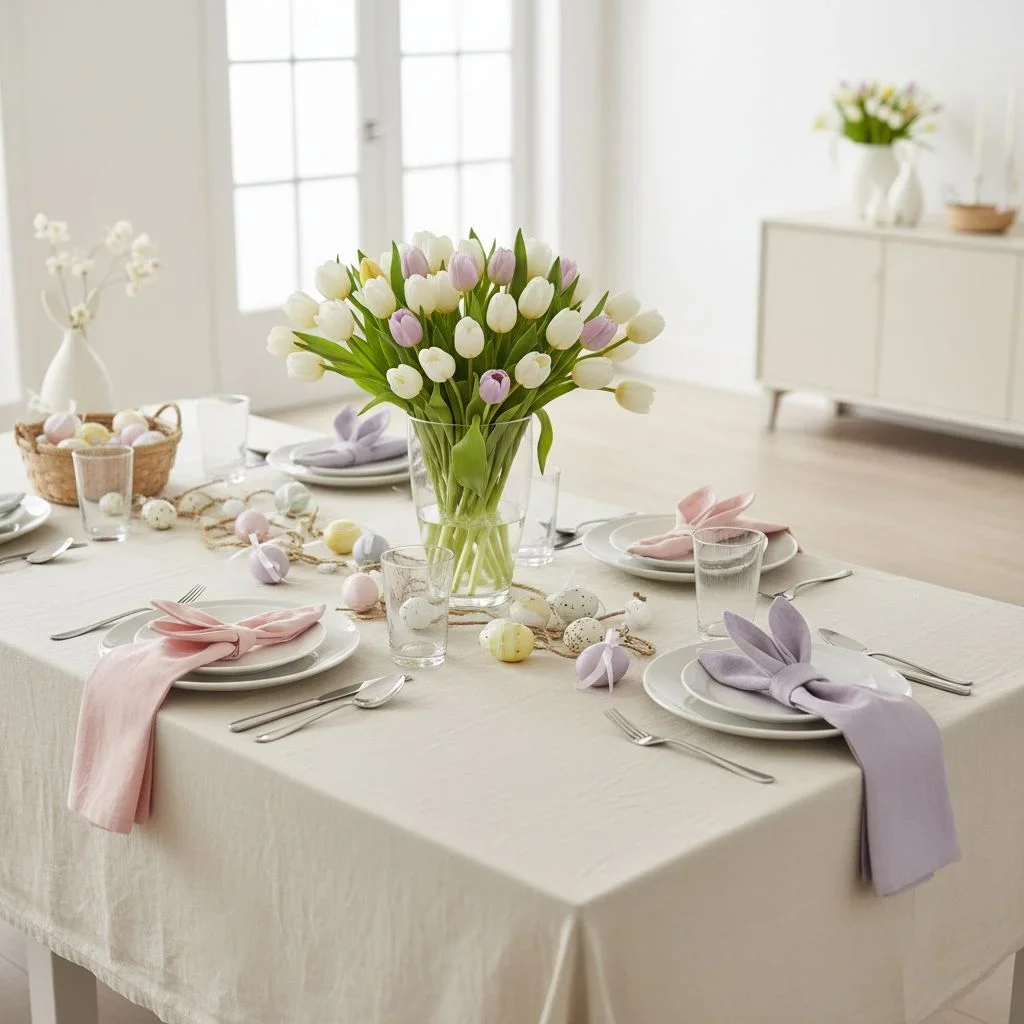 Classic pastel Easter table with tulips and egg garland