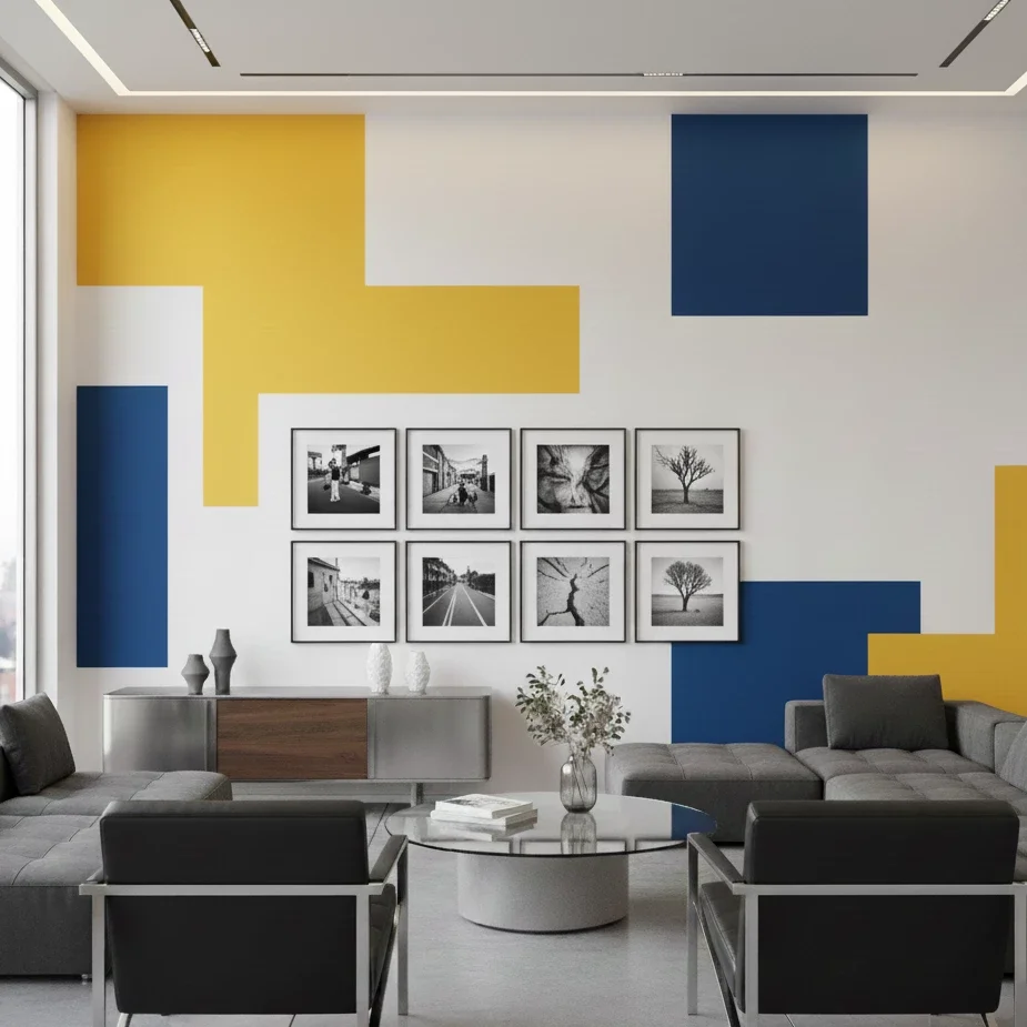 Modern living room with geometric wall art and monochrome photo gallery