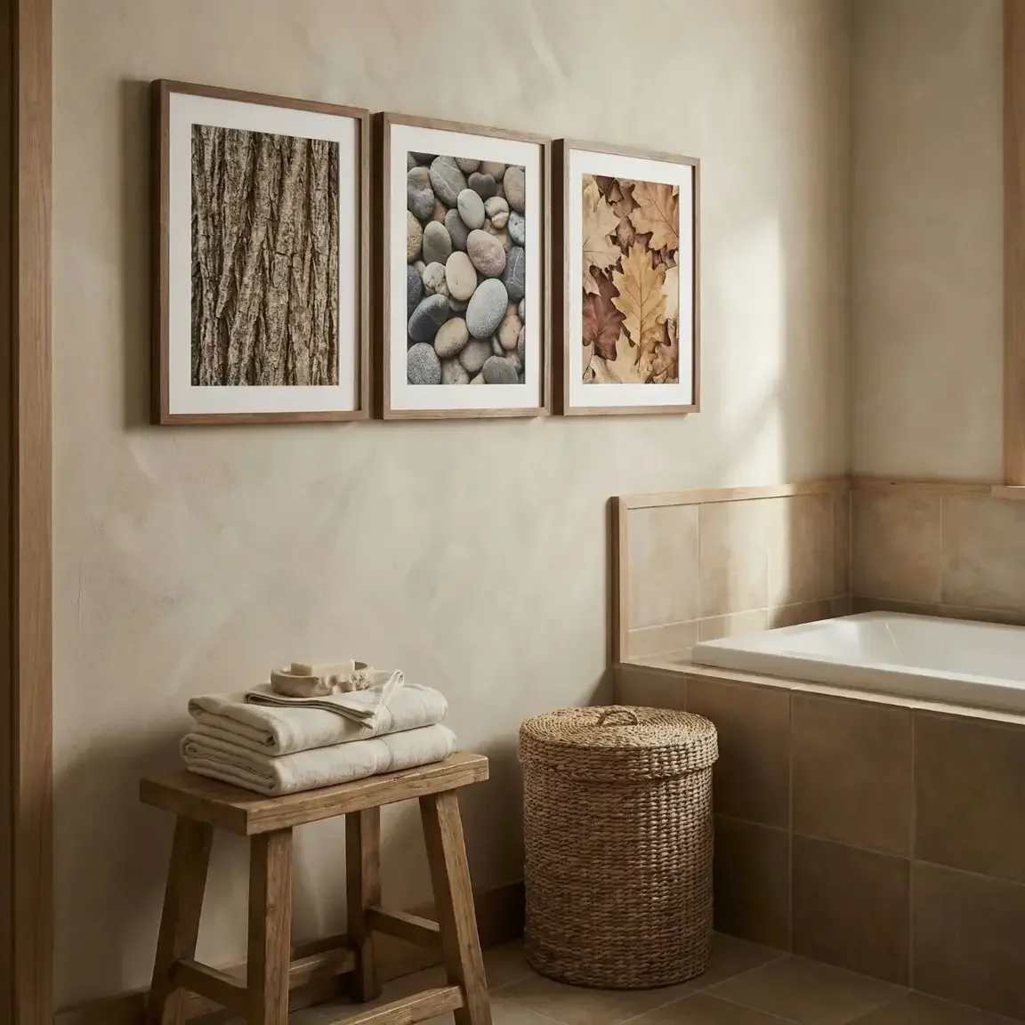 Rustic bathroom triptych framed nature macro photos