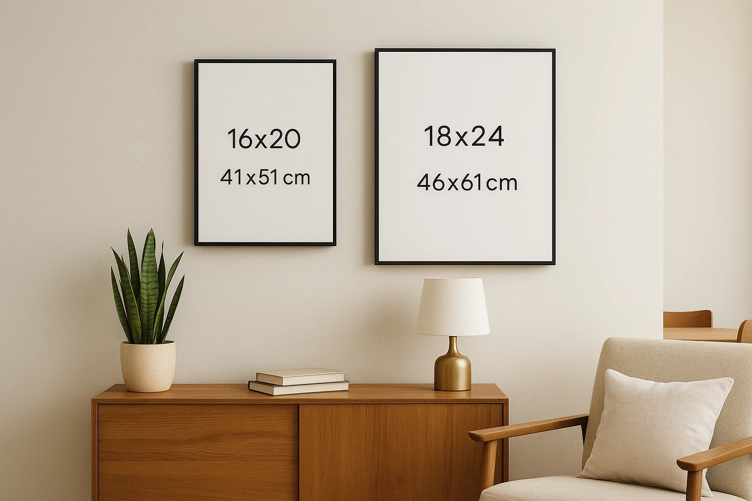  16x20 and 18x24 canvas frames above wood cabinet