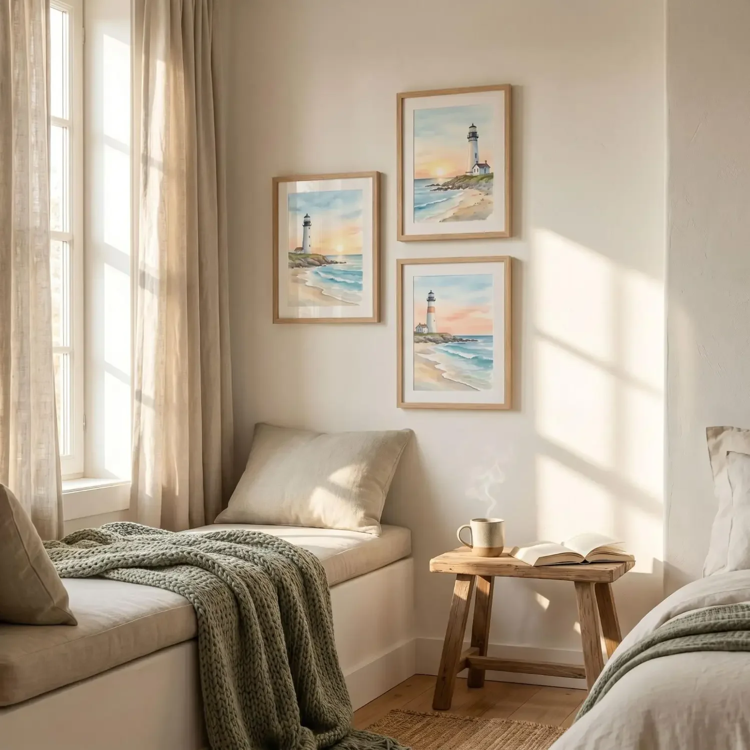 Watercolor lighthouse framed art in a cozy bedroom