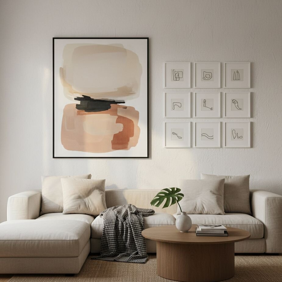 Modern living room with large abstract art above neutral sofa