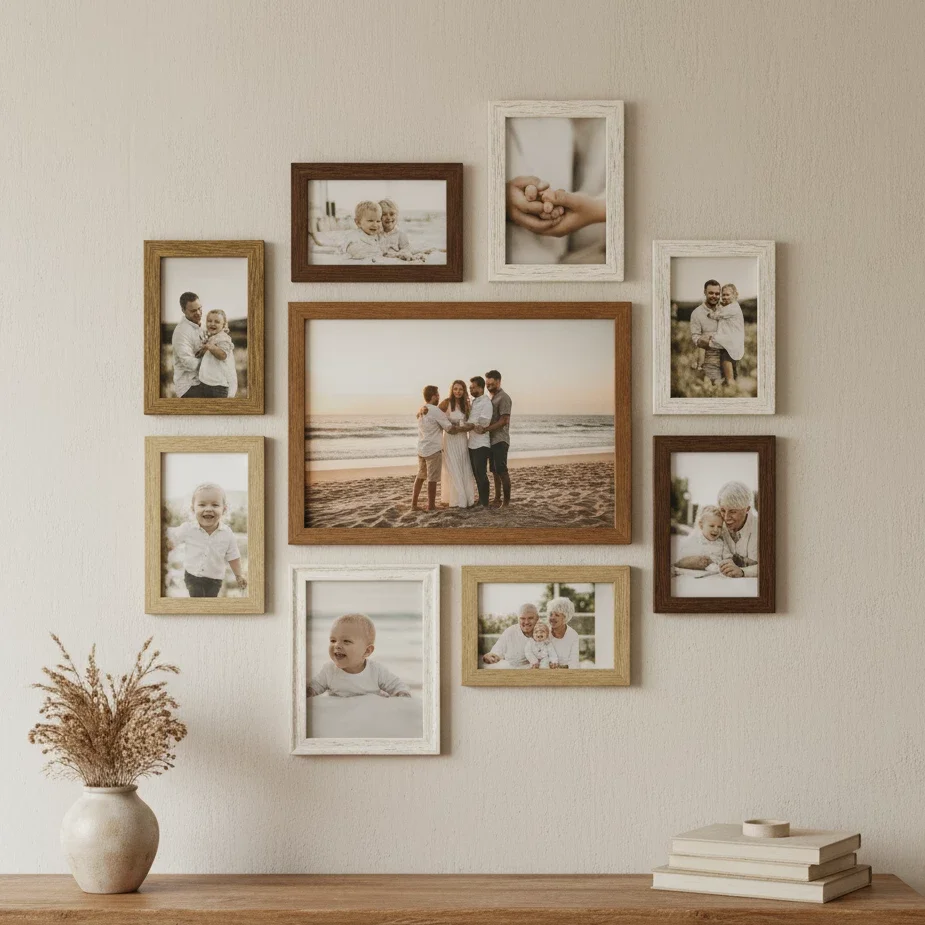 mixed frames with family beach photos above console