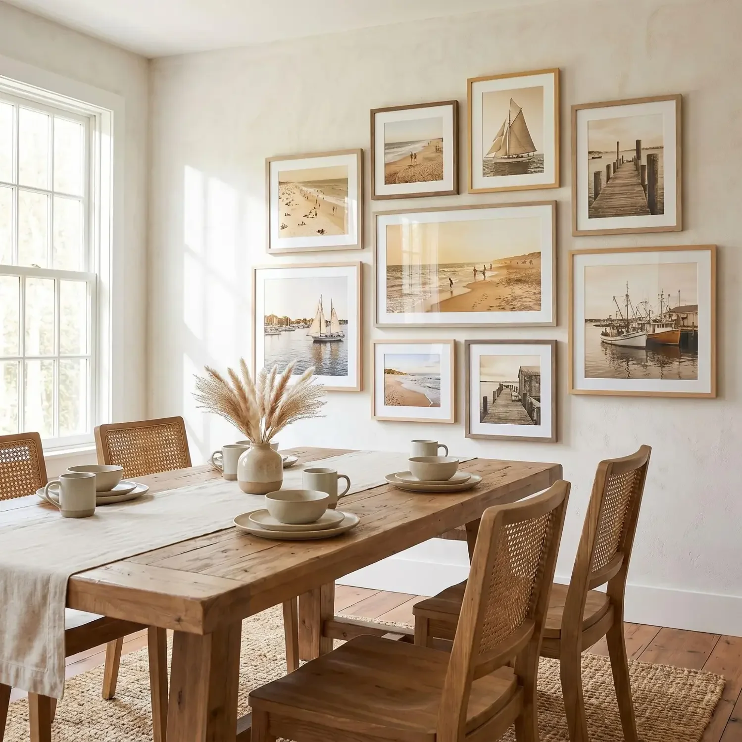 Coastal framed photos in warm dining room