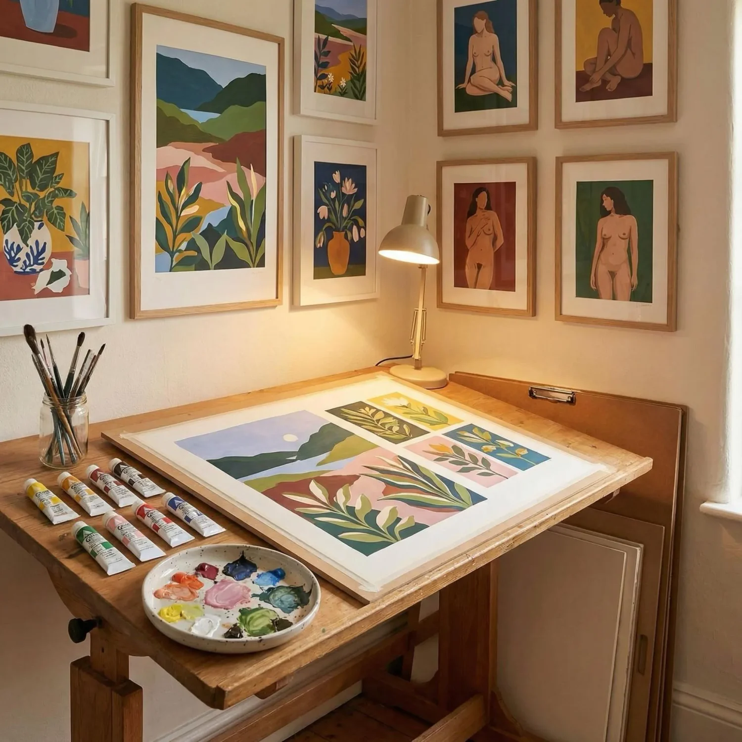 Gouache artwork and illustration board on drafting desk