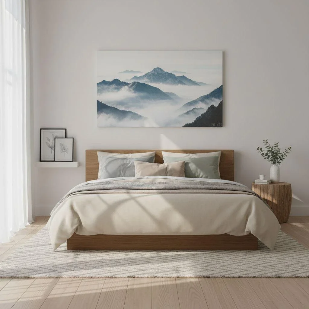 Panoramic mountain canvas in a tranquil bedroom