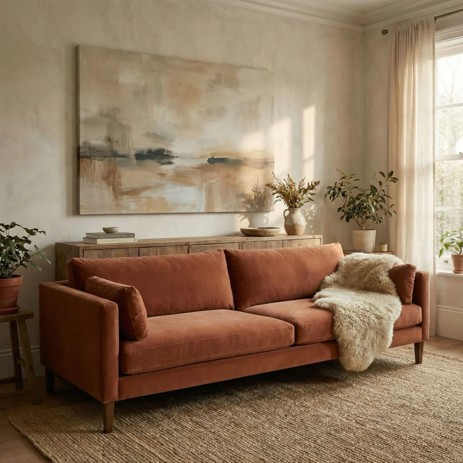 Large canvas statement art above a velvet sofa