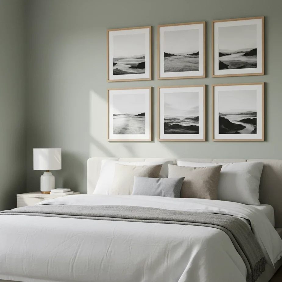 six black-and-white landscapes above bed on sage wall