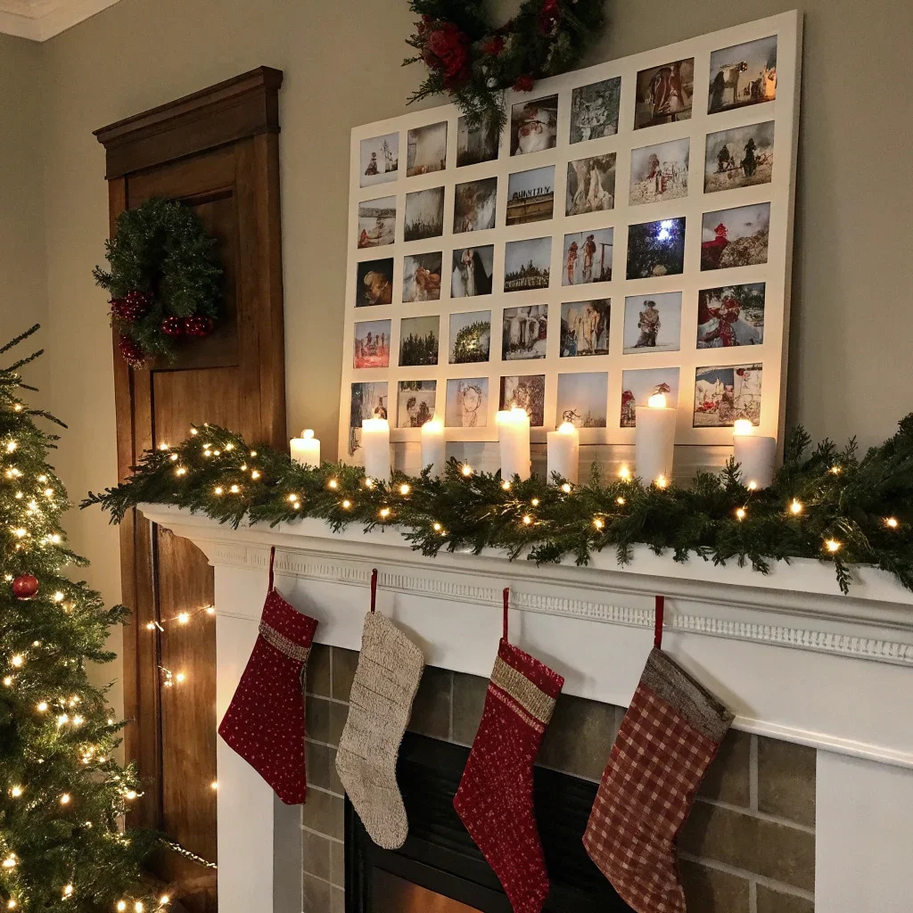 Christmas mantel decorated with a photo tile grid, pine garland, stockings, and candle holders.